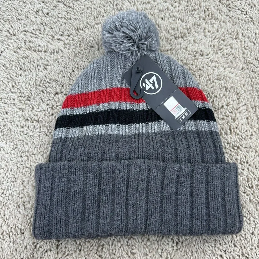 Texas Tech Red Raiders 47 Beanie Gray Stack Striped Patch‎ Pom Cuffed Knit Hat